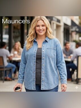 052-Maurices Light Blue Denim Shirt with Rhinestone Dots